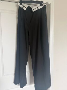 Hanifa Black Wide-Leg Pants with White Trim Waistband